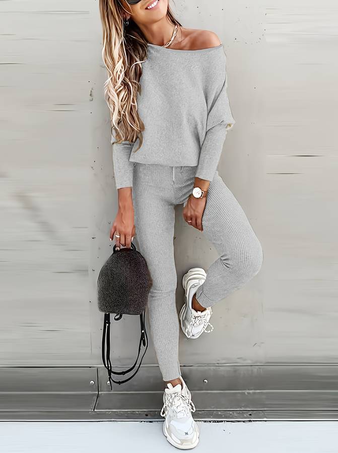 2-delige dames lounge set - ribbel trui en broek voor casual uitjes