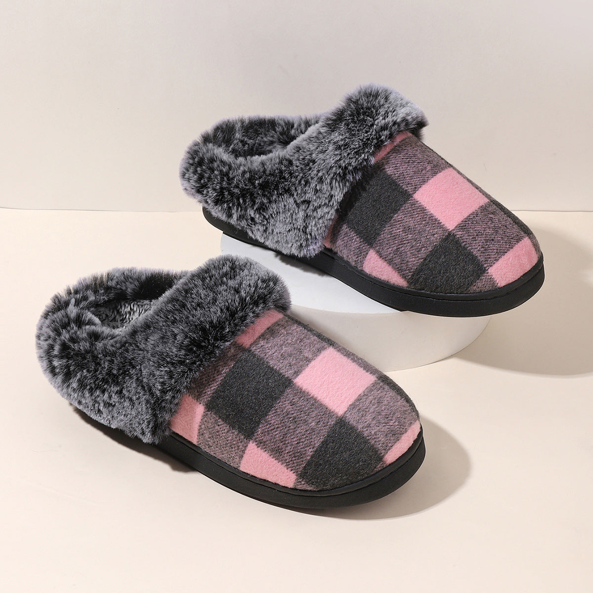 Winter Warm Plaid Plush Slippers Home Indoor Non-slip Bedroom Floor Soft Fuzzy Slipper For Couple Fashion Solid House Shoes - Bakkermode.nl