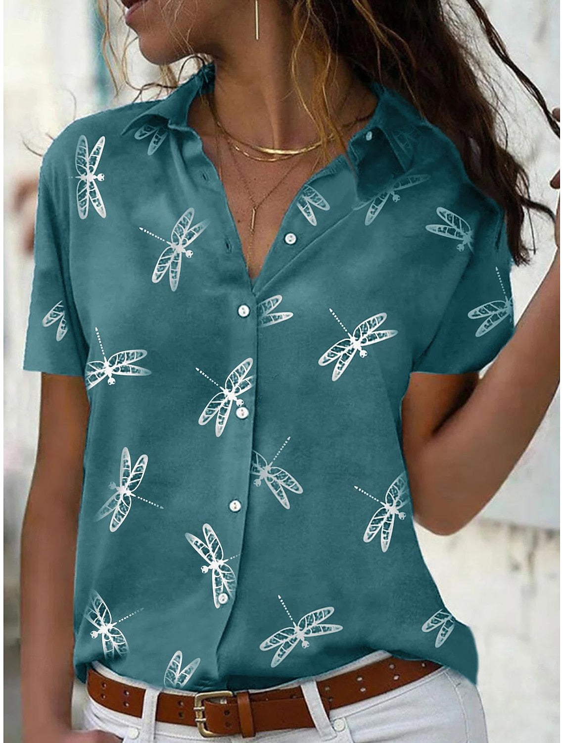 Dames korte mouwen zomerblouse - libelle print voor een stijlvolle look
