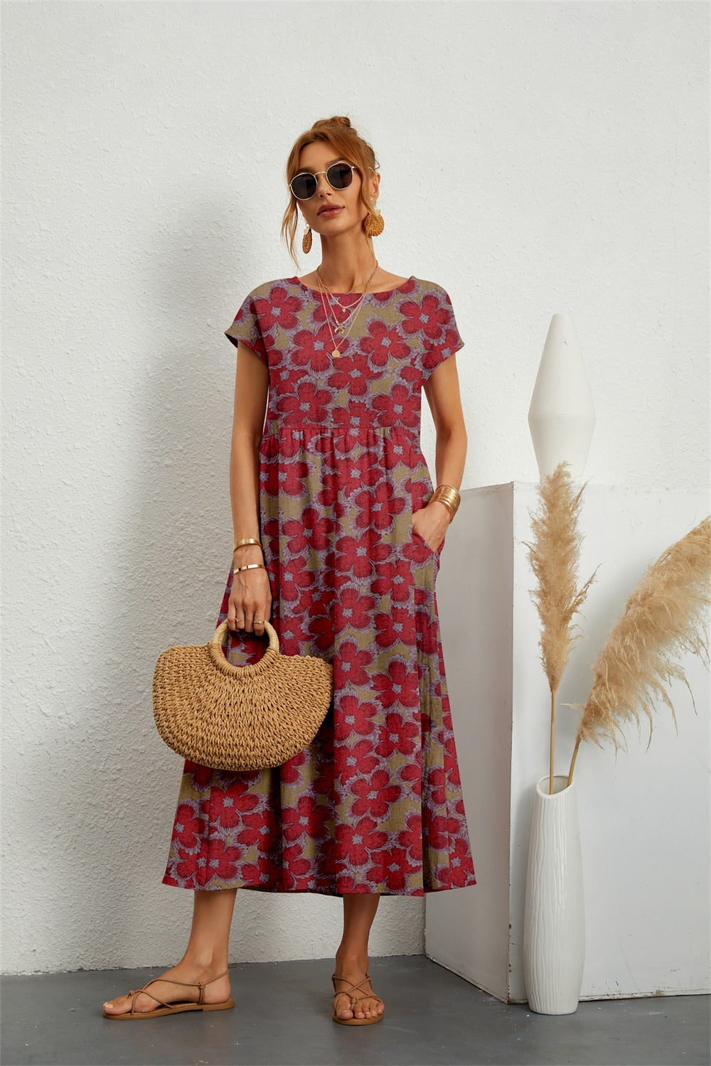 Dames casual bloemen midi-jurk - zachte katoenmix met zakken voor zomerse dagen