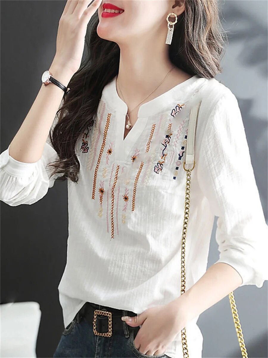 Dames geborduurd blouse - lichtgewicht witte katoenen top met elegante lange mouwen voor casual events