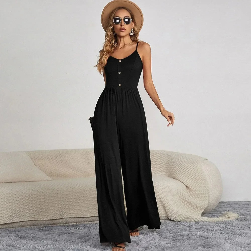 Dames wijde jumpsuit met spaghetti bandjes - trendy casual zomeroutfit