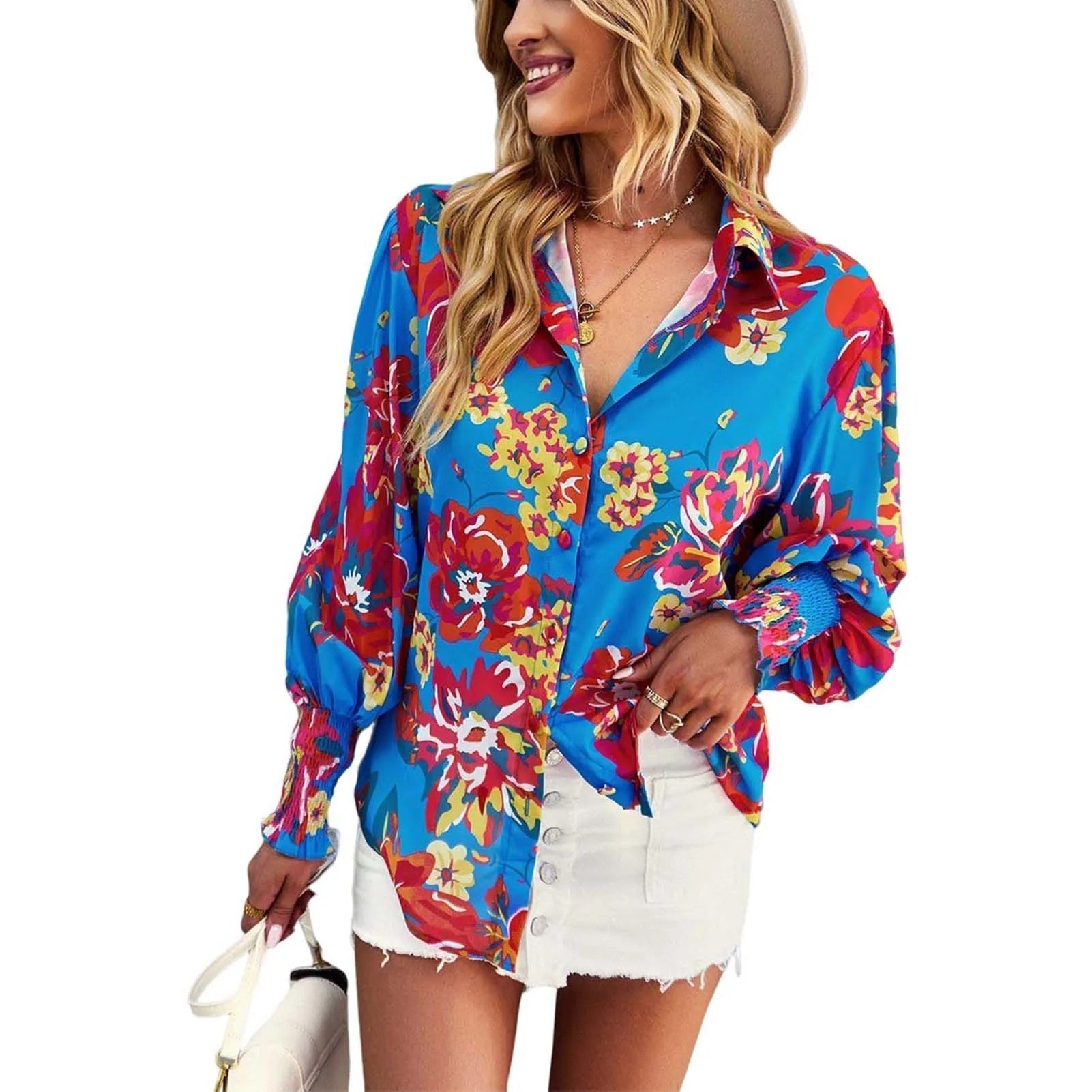 Damesblouse met bloemenprint - elegante dagelijkse outfit - lange mouwen casual top, lichte stof