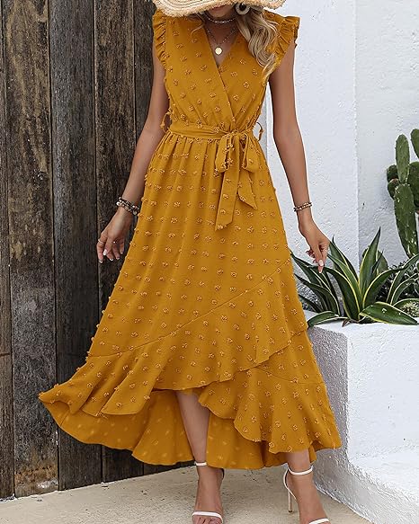 Dames maxi jurk met volantdetails - luchtige gelaagde strikjurk voor zomerevenementen