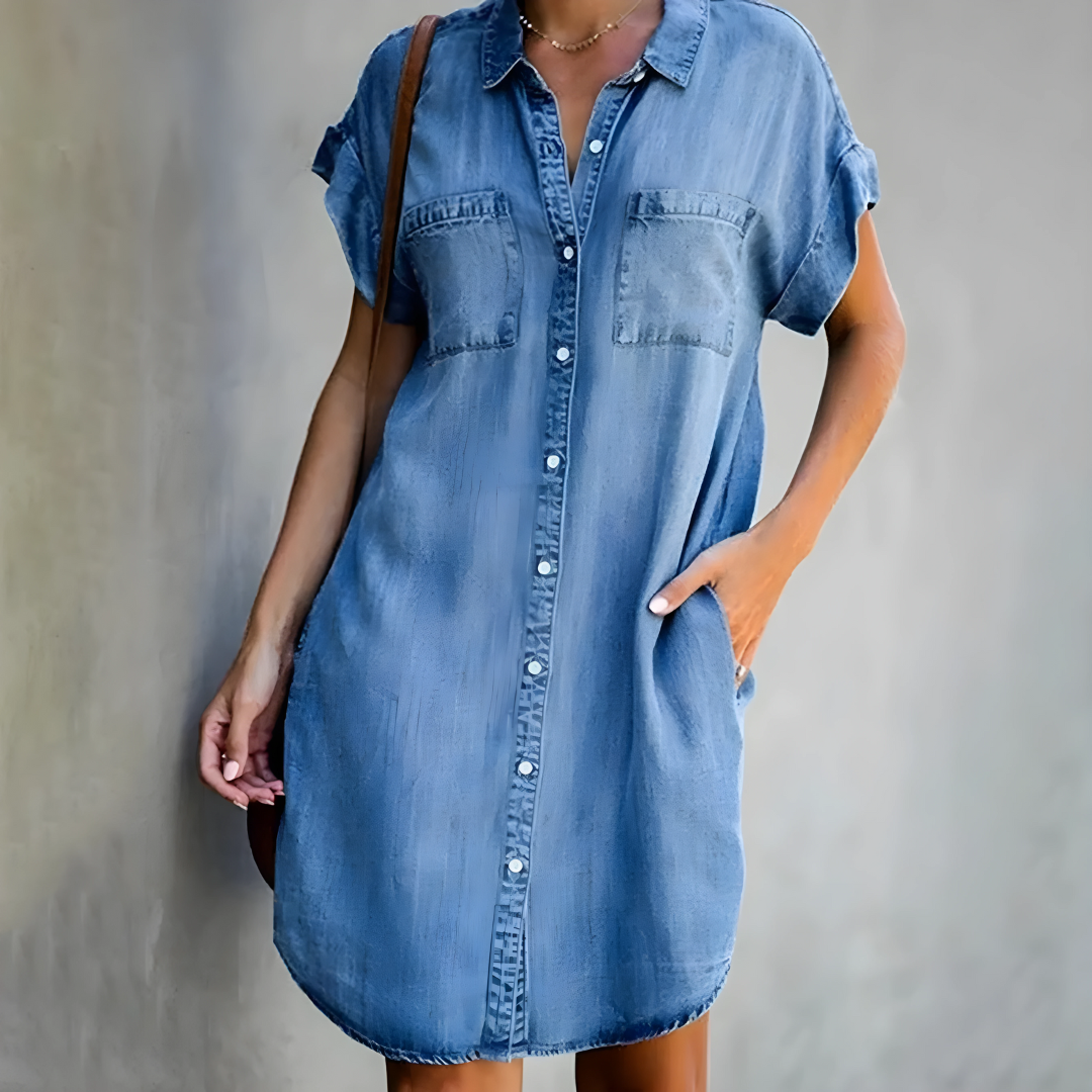 Dames denim shirtjurk met zakken - relaxte short sleeve tuniek voor casual uitjes