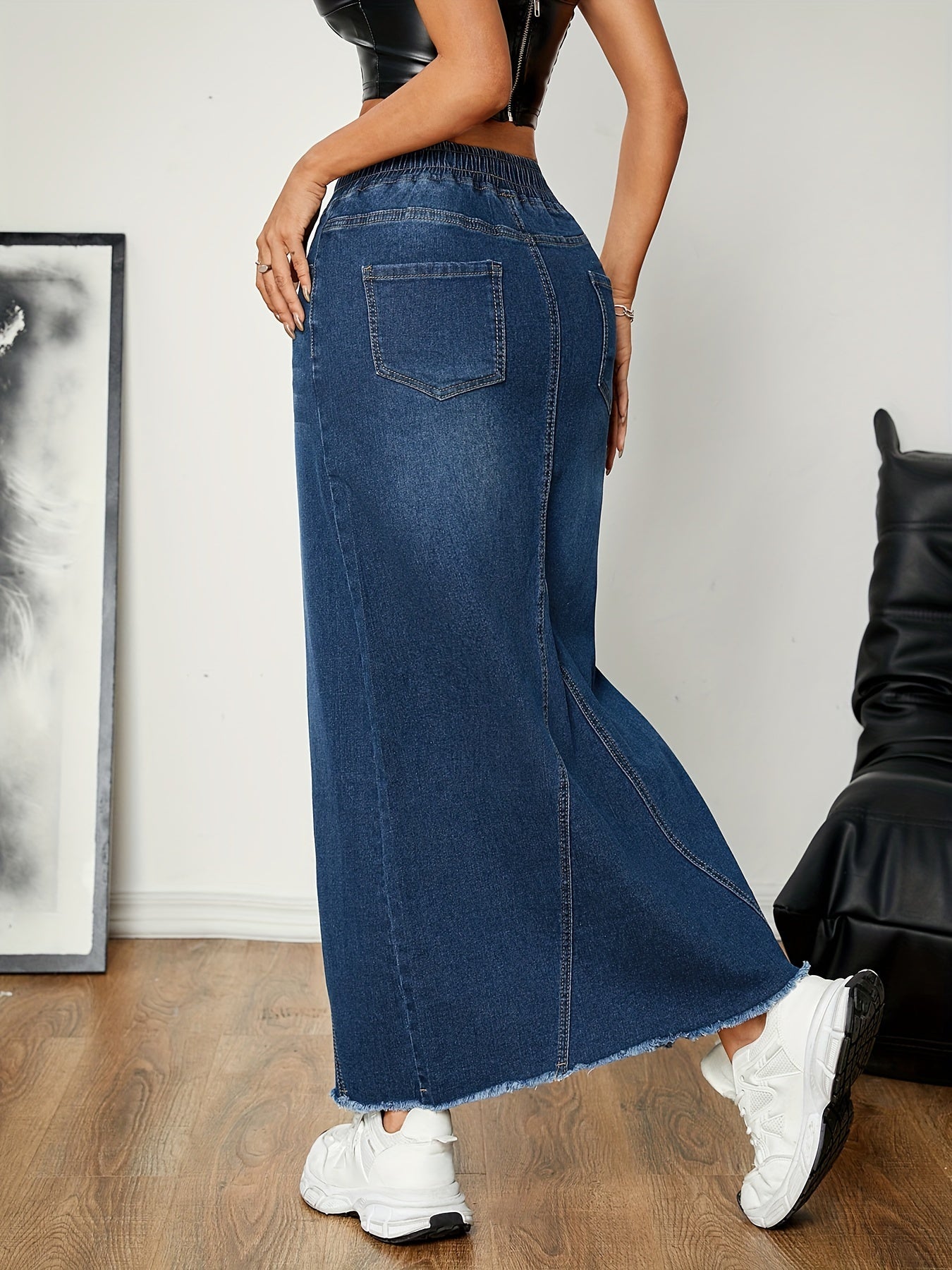 Dames blauwe denim maxi rok - relaxte casual stijl - lange lengte met elastische tailleband, voor dagelijks gebruik