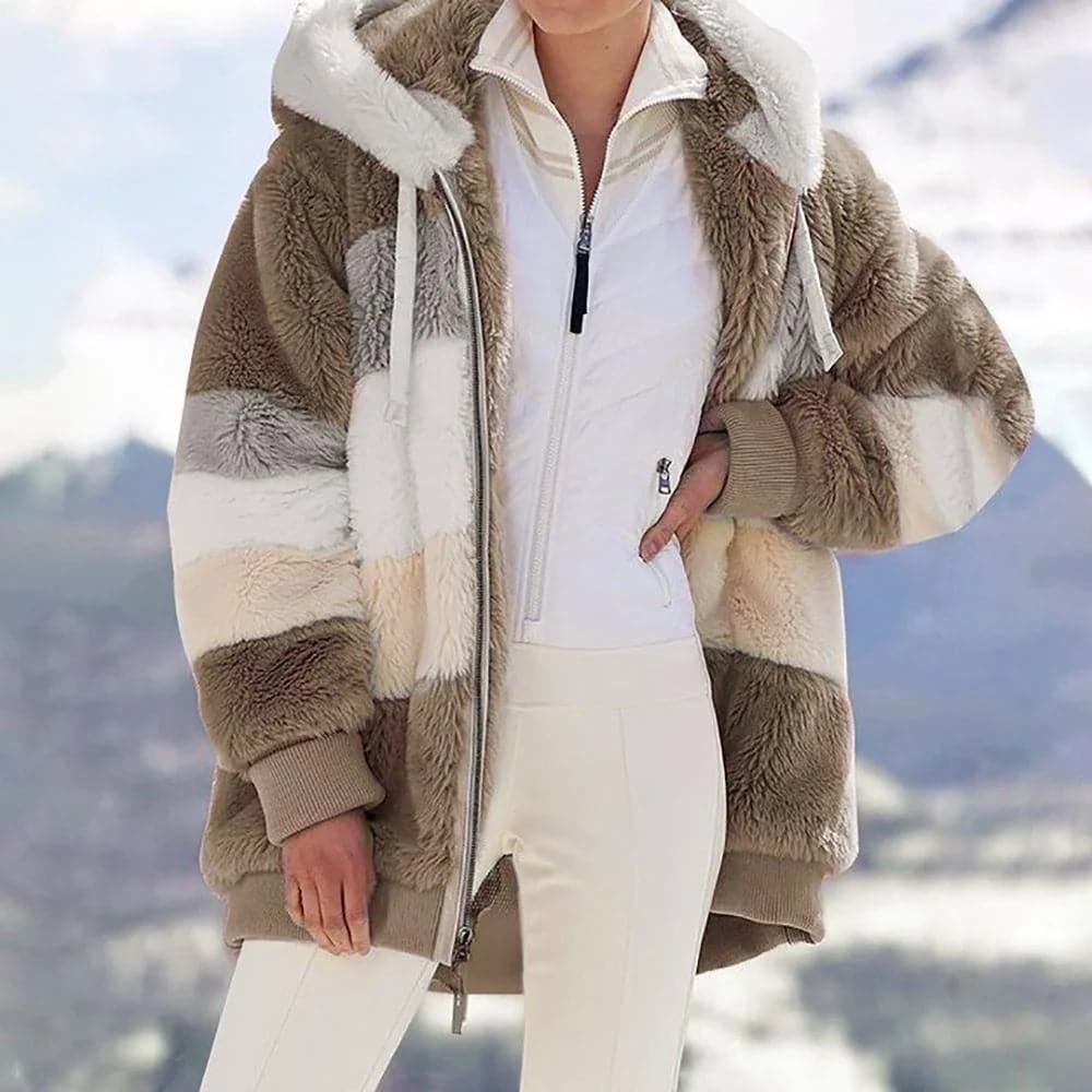 Oversized sherpa jas voor dames – gestreepte winterjas met ritssluiting - Bakkermode.nl