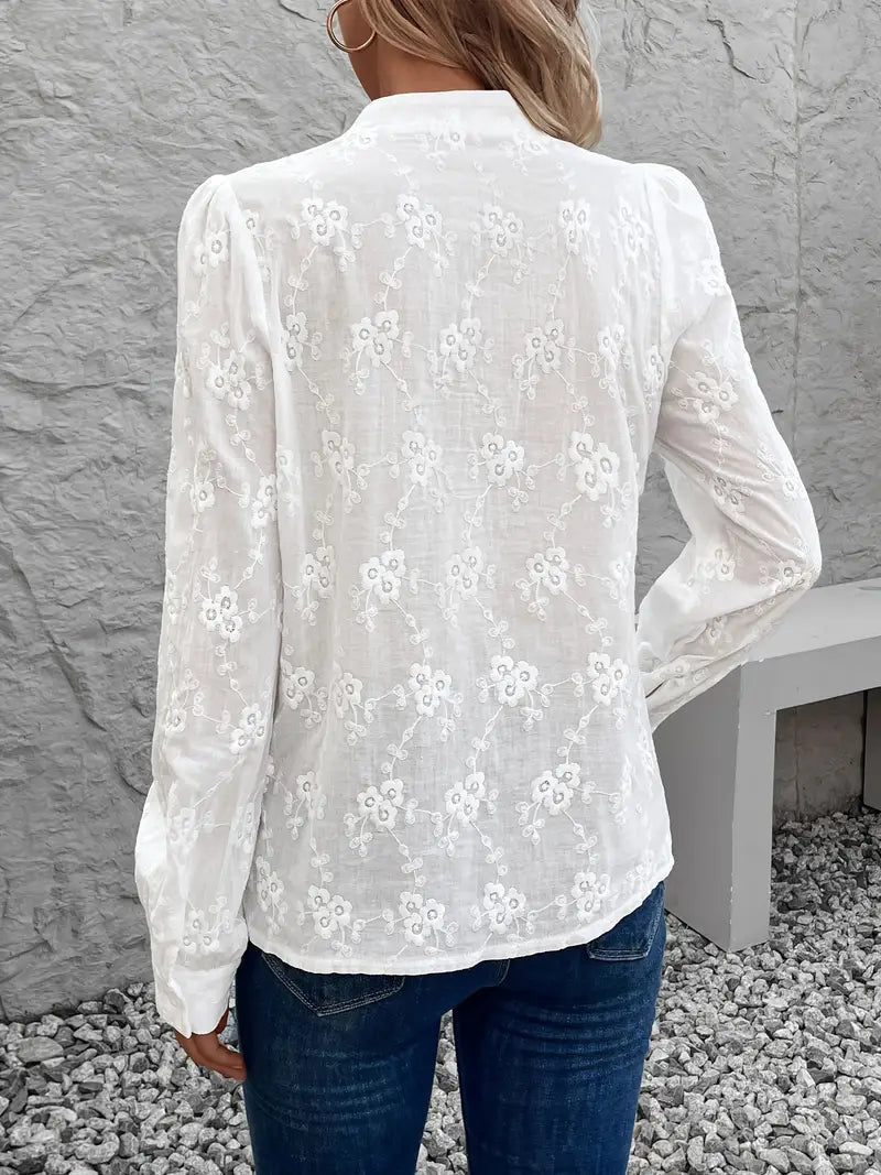 Dames witte geborduurde zomerblouse - elegante langarm shirt voor vrouwen