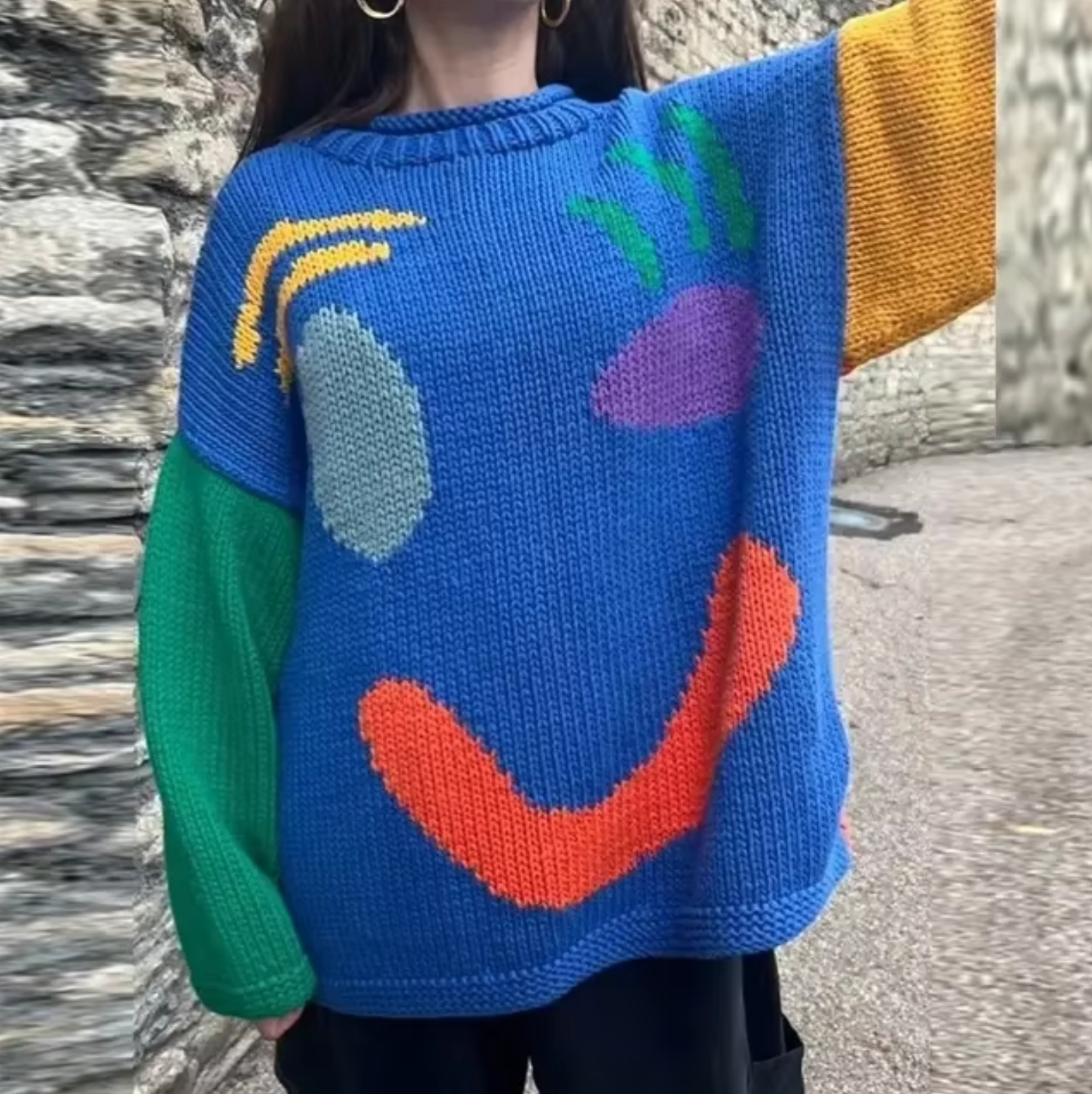 Dames oversized gebreide trui in zachte katoenmix met smiley ontwerp - casual alledaags