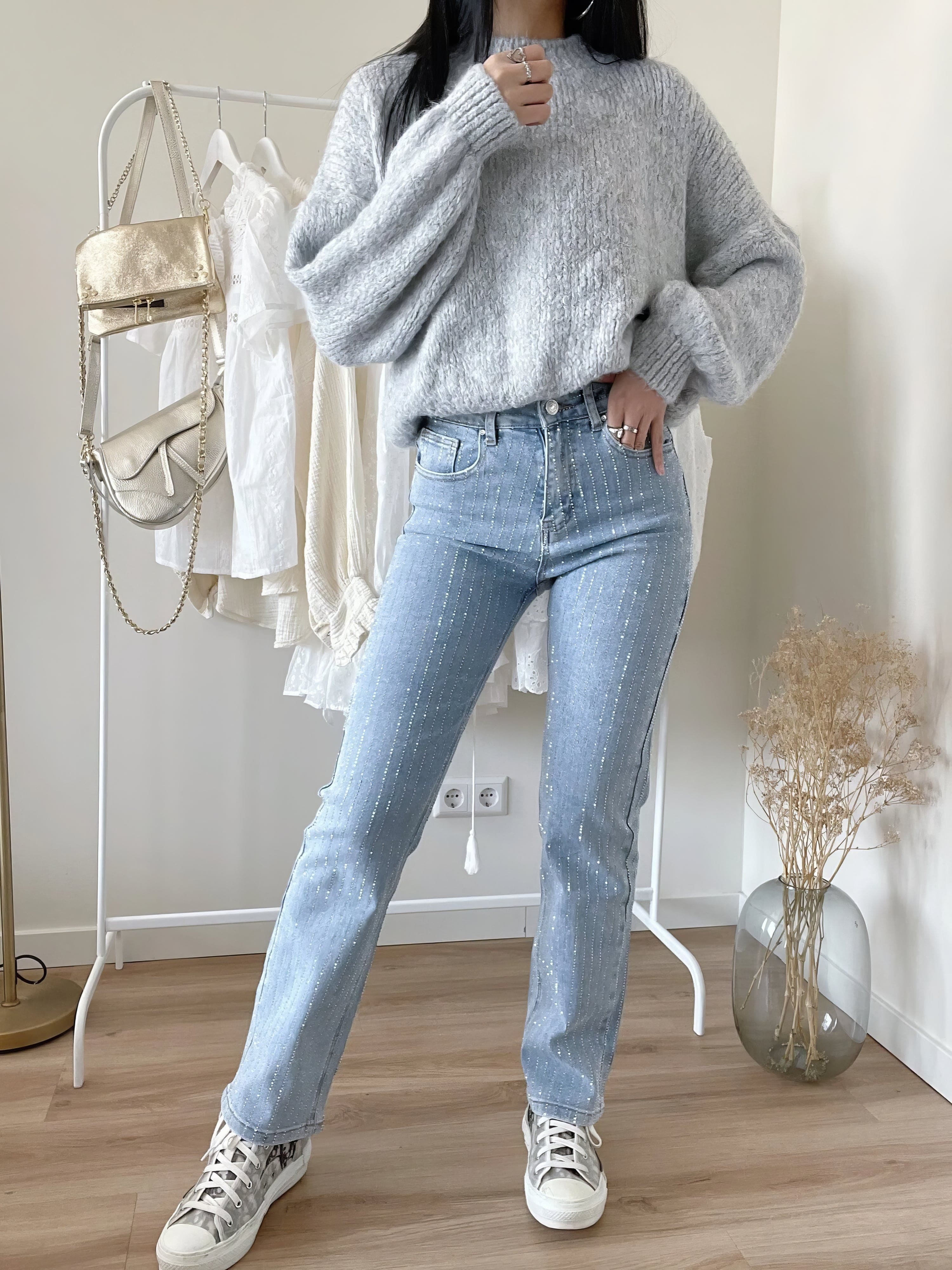 Dames hoge taille glitter denim jeans - stijlvolle casual broeken voor elke gelegenheid