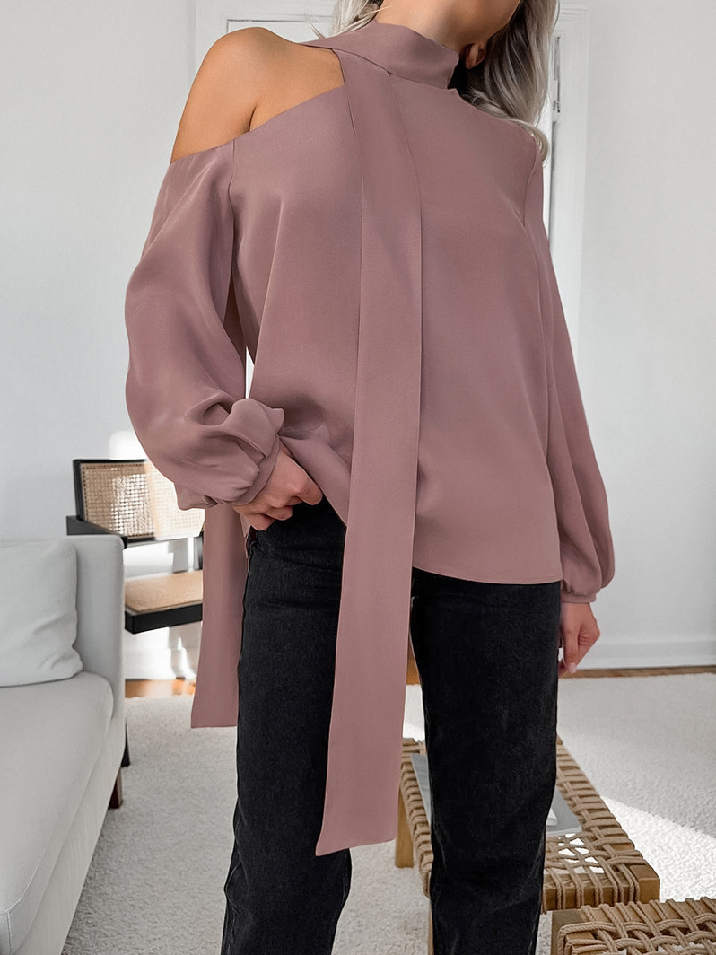 Dames asymmetrische stijlvolle long sleeve top - satijnen blouse met strik voor casual of formele gelegenheden