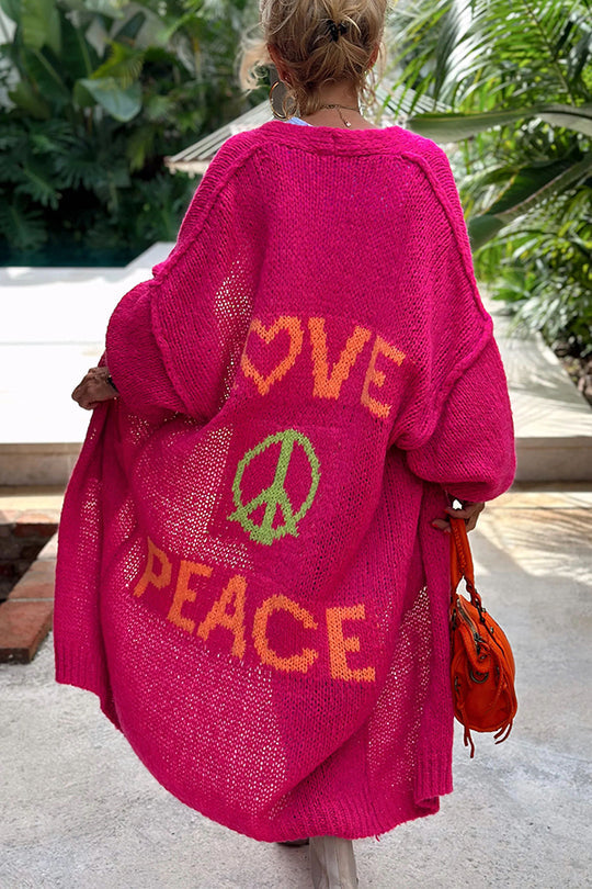 Gebreide dames cardigan - oversized lang vest met 'love & peace'-design - Bakkermode.nl