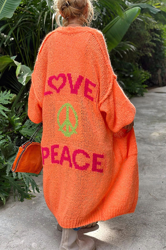 Gebreide dames cardigan - oversized lang vest met 'love & peace'-design - Bakkermode.nl