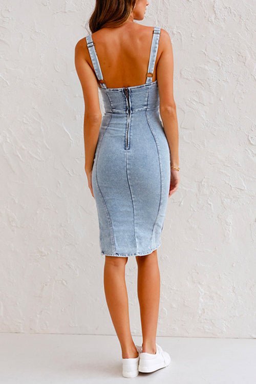 Dames denim midi-jurk lichtblauw verstelbare bandjes - casual chic voor dagelijks gebruik
