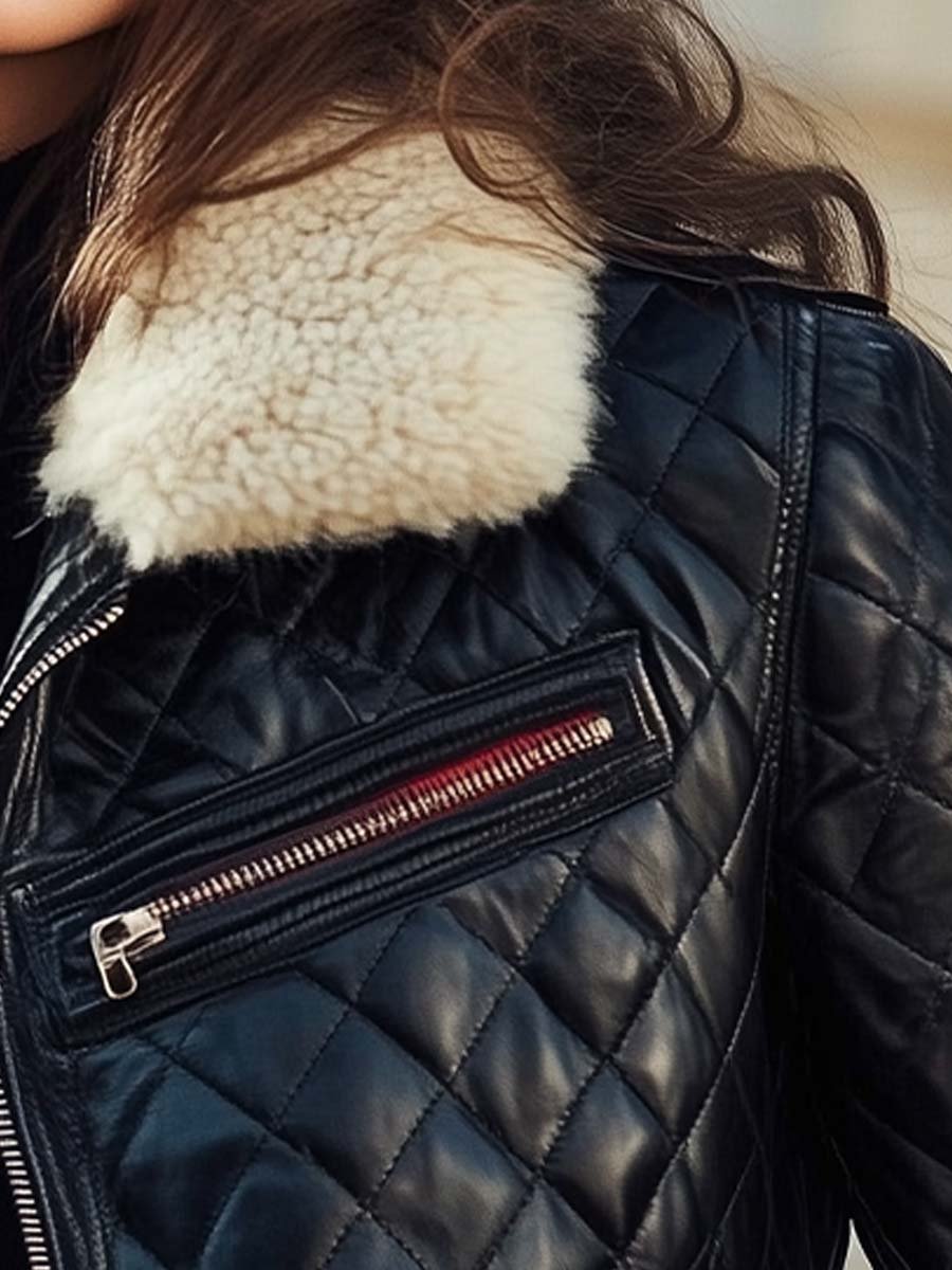 Retro gewatteerde leren dames jas - zwart met contrasterende details en bontkraag - Bakkermode.nl