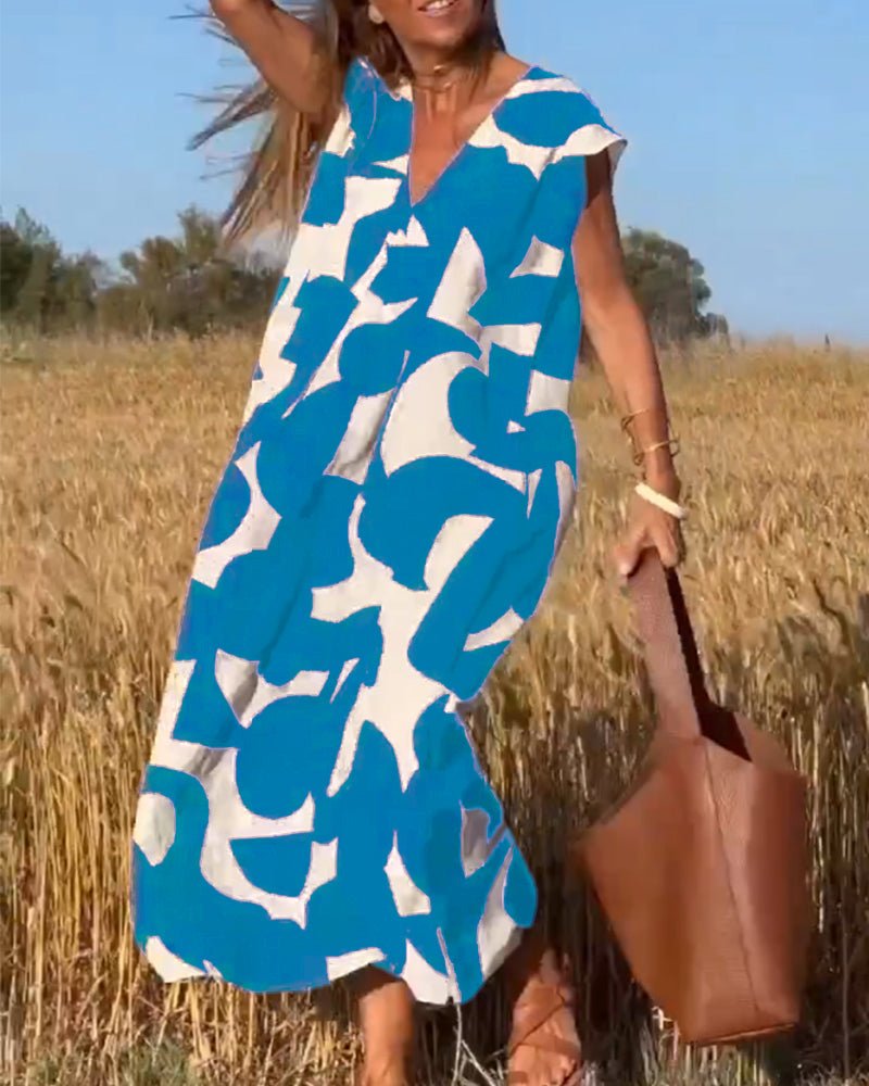 Maxi-jurk voor dames met abstracte print en v-hals - casual alledag