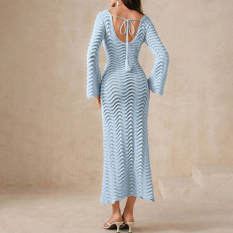 Vrouwen gebreide jurk met uitlopende mouwen - elegante haakwerk midi jurk voor dames