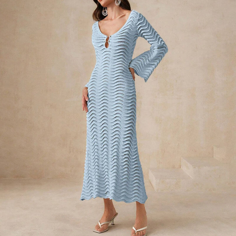 Vrouwen gebreide jurk met uitlopende mouwen - elegante haakwerk midi jurk voor dames