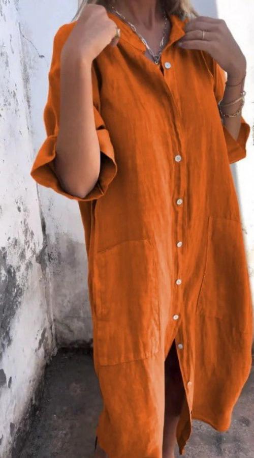 Dames luchtige linnen midi jurk met knopen - luchtige zomerjurk voor elke dag