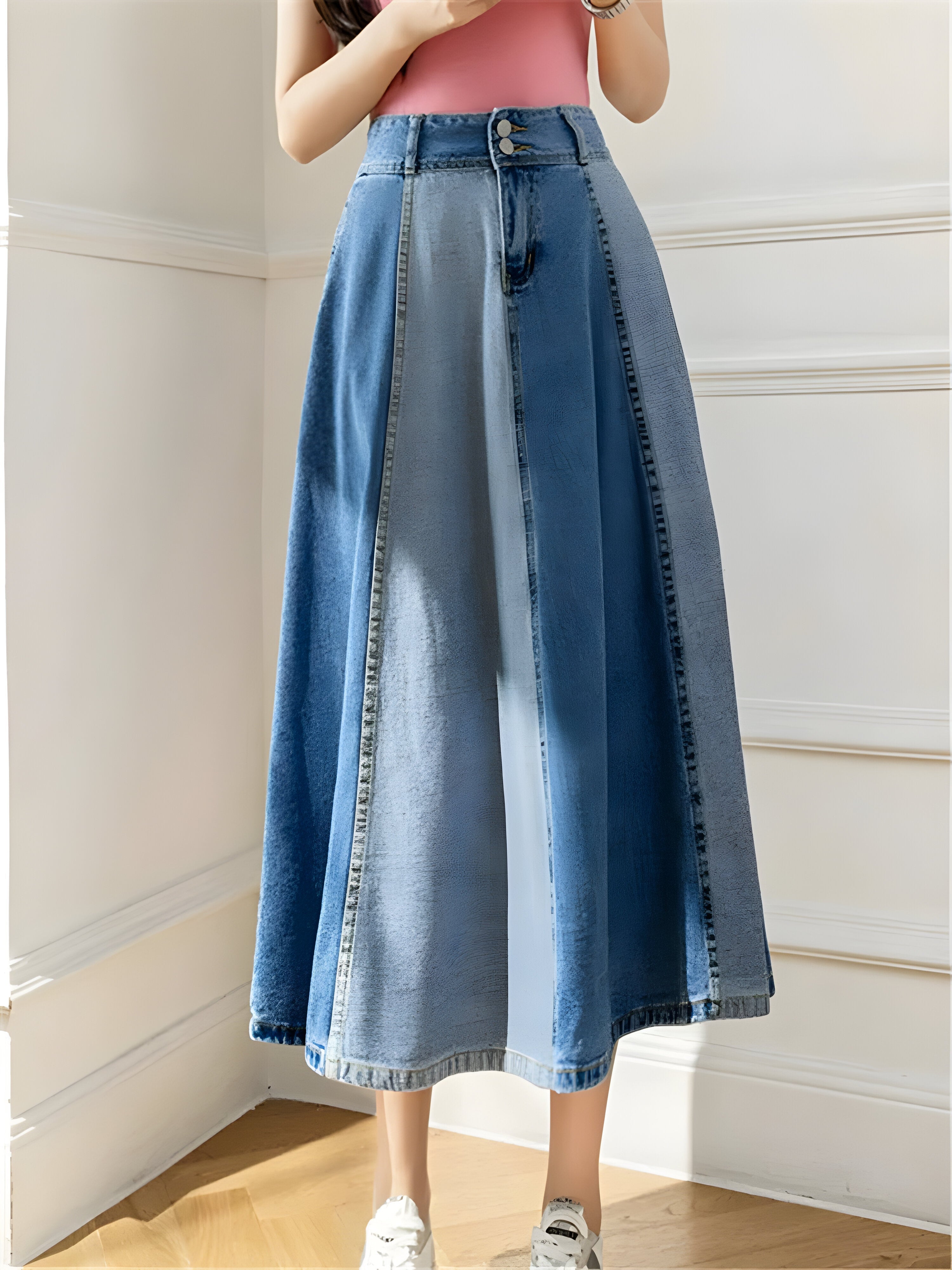 Denim a-lijn rok - trendy kleurblok dames lange rok