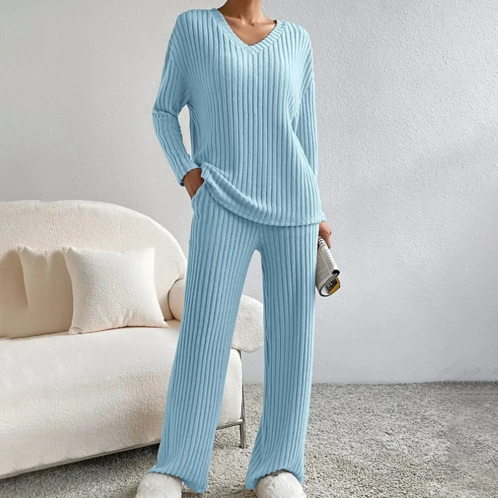 2-delige lounge set - stijlvolle dames rib gebreide pyjama outfit