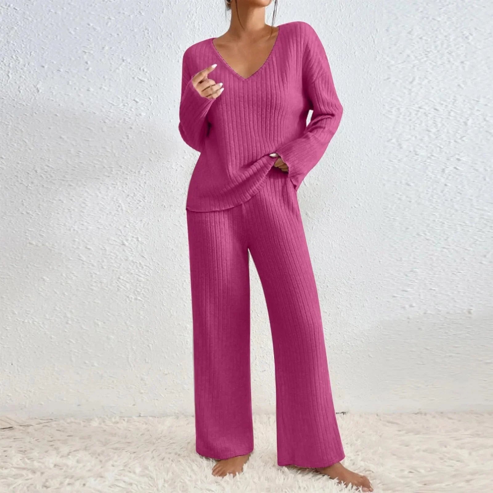 2-delige lounge set - stijlvolle dames rib gebreide pyjama outfit