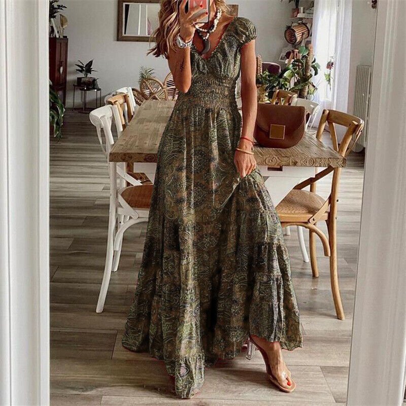 Dames maxi jurk met bloemenprint en smocked lijfje - elegante boho stijl voor vrouwen