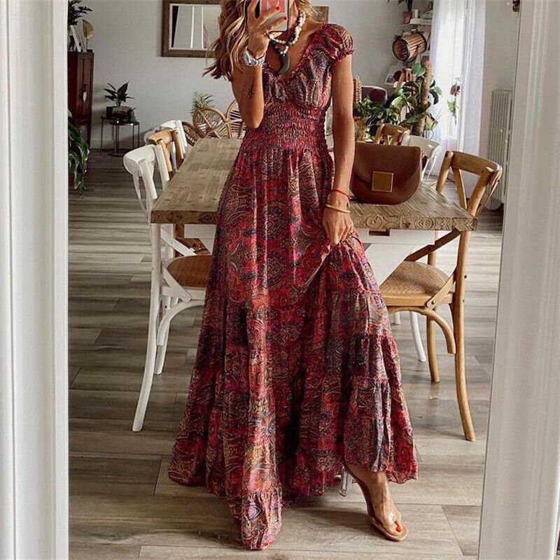 Dames maxi jurk met bloemenprint en smocked lijfje - elegante boho stijl voor vrouwen