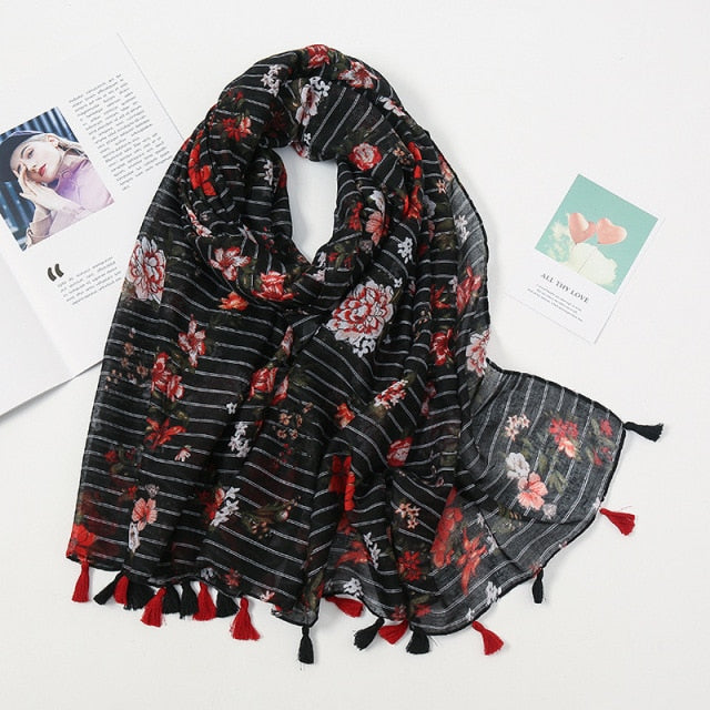 Florale pashmina sjaal met franjes - elegante dames sjaal - Bakkermode.nl