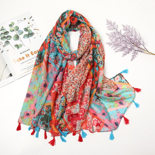 Florale pashmina sjaal met franjes - elegante dames sjaal - Bakkermode.nl