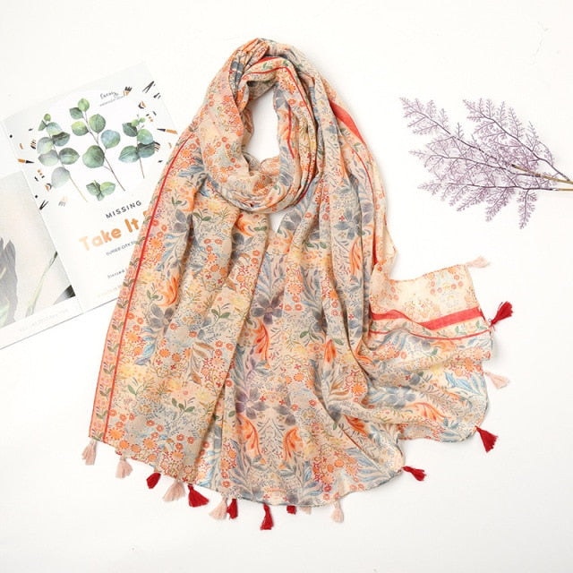 Florale pashmina sjaal met franjes - elegante dames sjaal - Bakkermode.nl