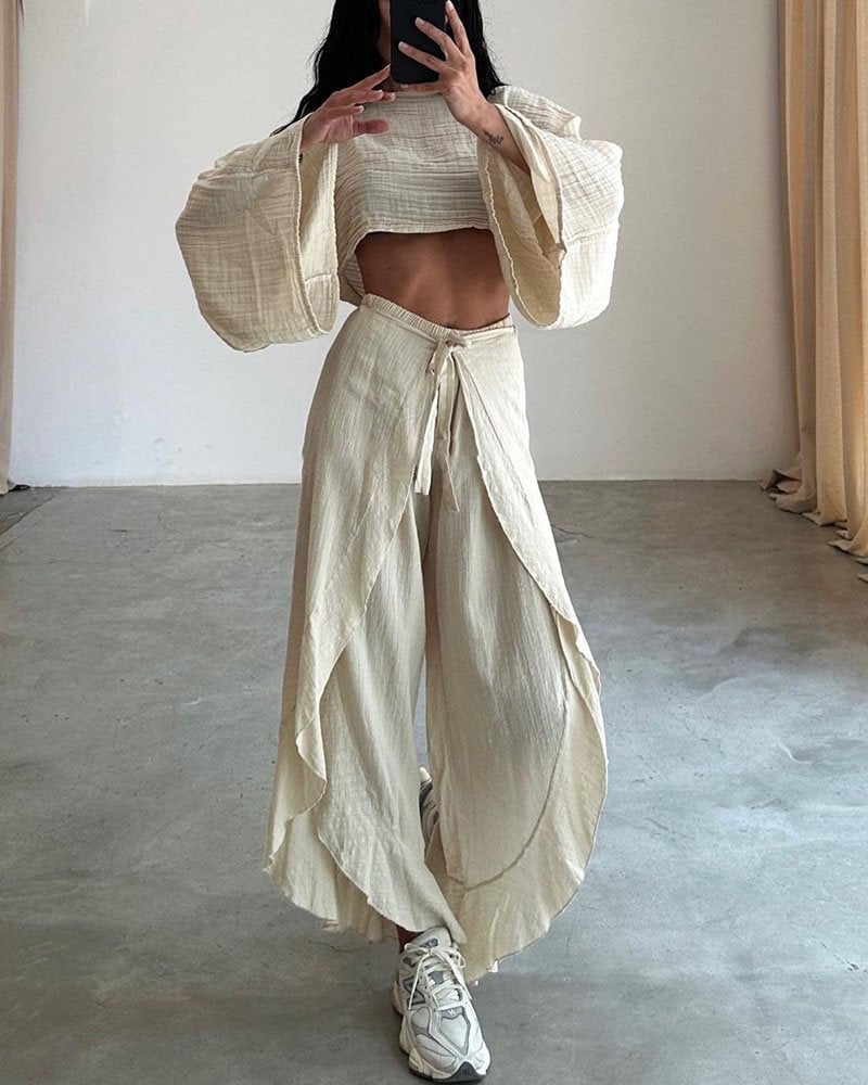 2-delige dames crop top en wijde broek set - lichte casual outfit voor ontspannen uitjes