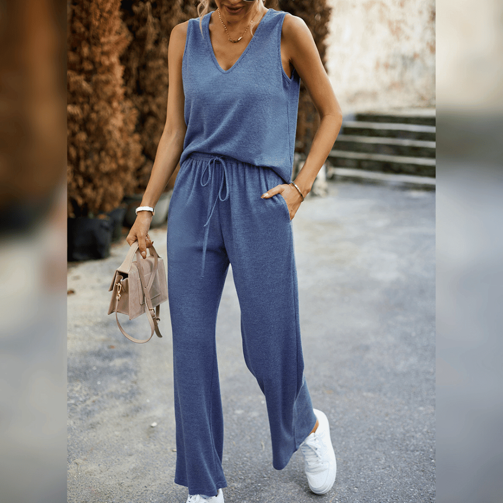 2-delige dames lounge set met geribbeld topje en broek - casual dagelijkse outfit
