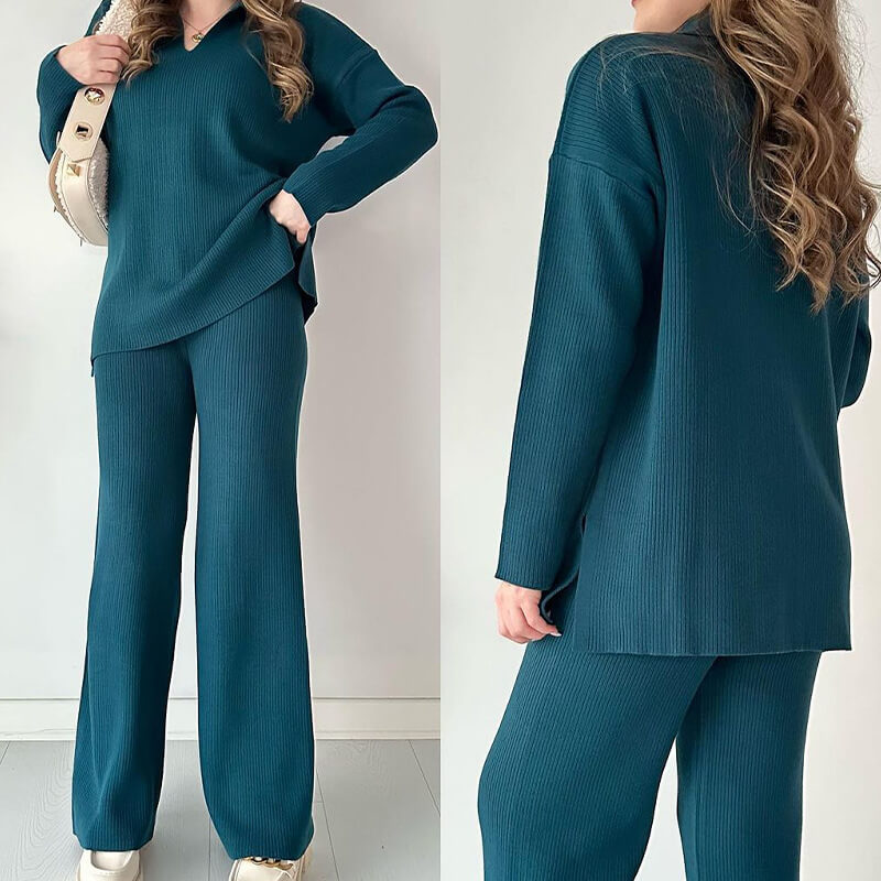 2-delige dames lounge set - gezellige geribde trui en broek voor casual uitjes en ontspanning
