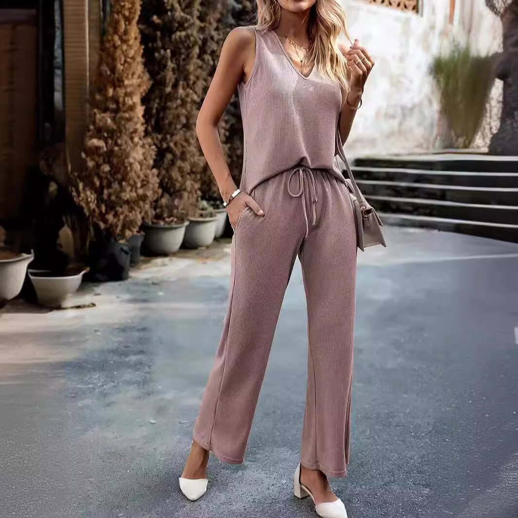2-delige dames lounge set met geribbeld topje en broek - casual dagelijkse outfit