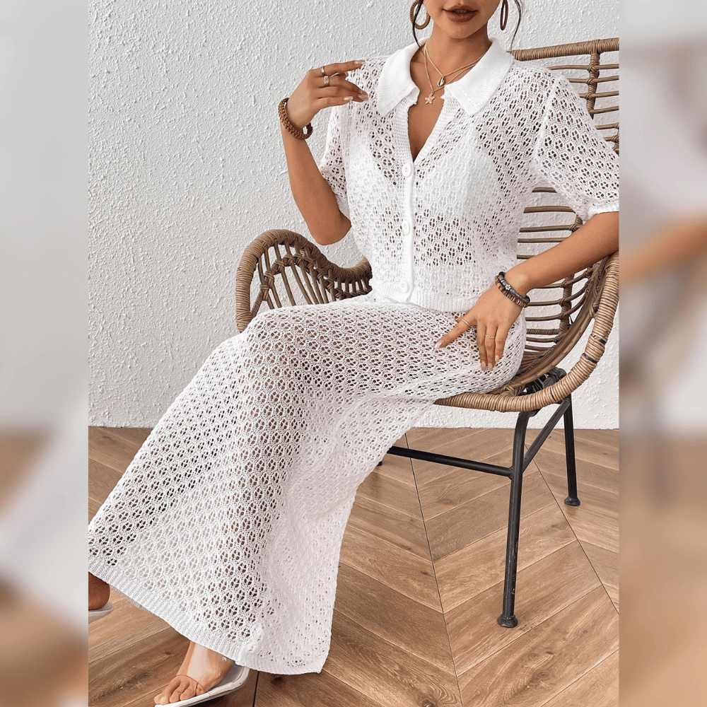 Dames haak maxi jurk - elegante strandoutfit met knoopsluiting