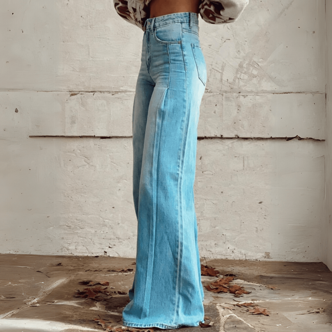 Dames vintage bloemen wijde broek - boho denim met witte bloemp print
