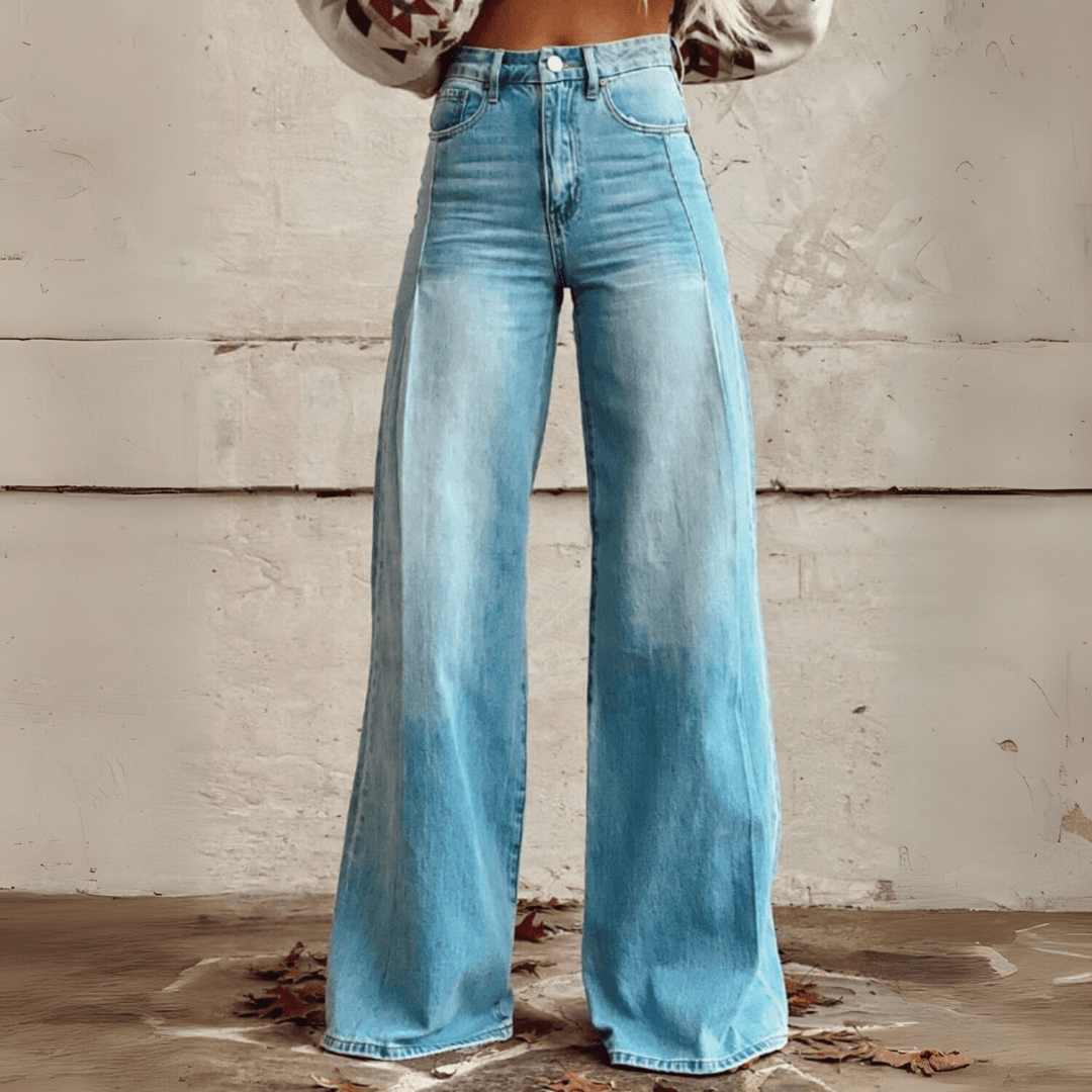 Dames vintage bloemen wijde broek - boho denim met witte bloemp print