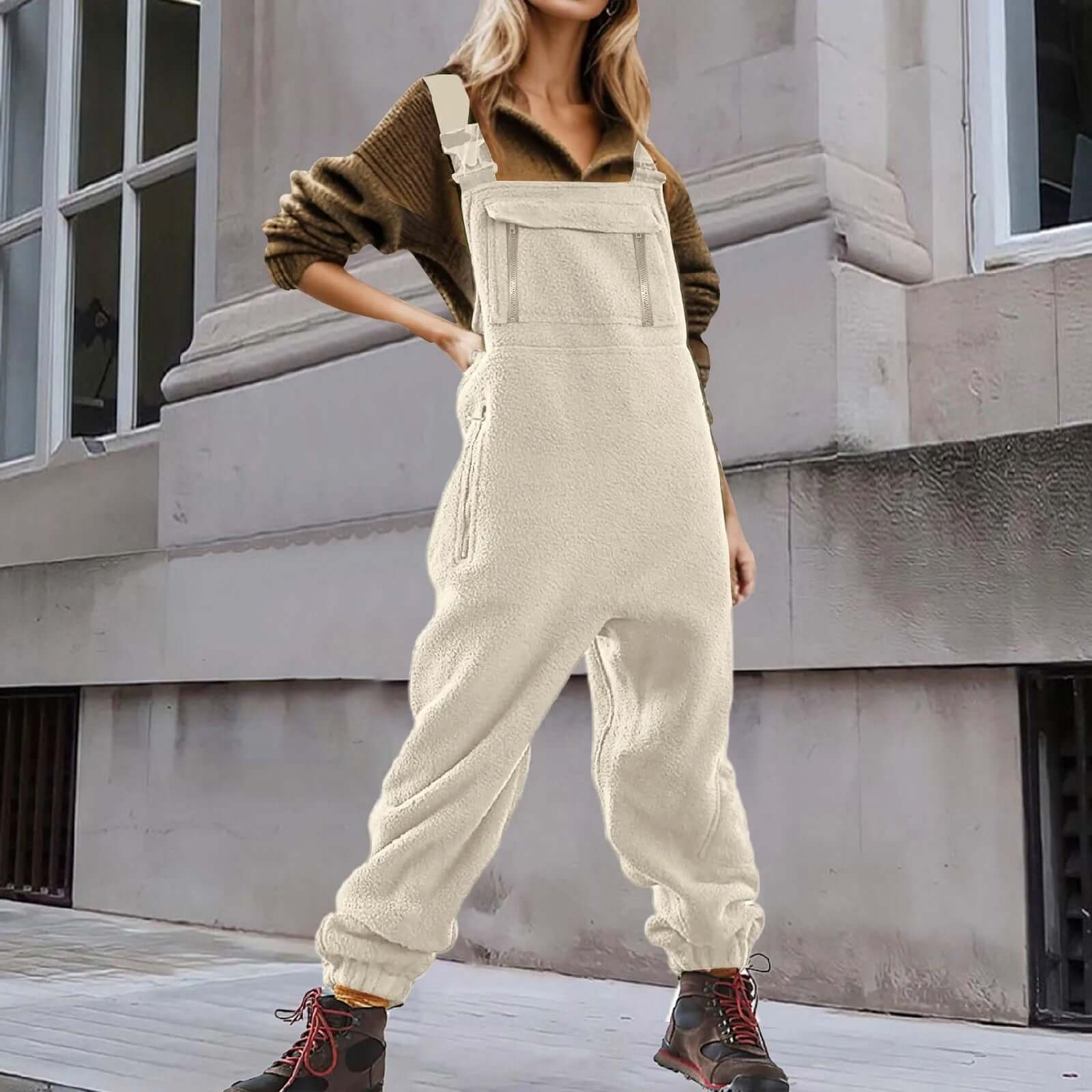 Dames fleece overall - zachte en warme casual wear in zwart of khaki