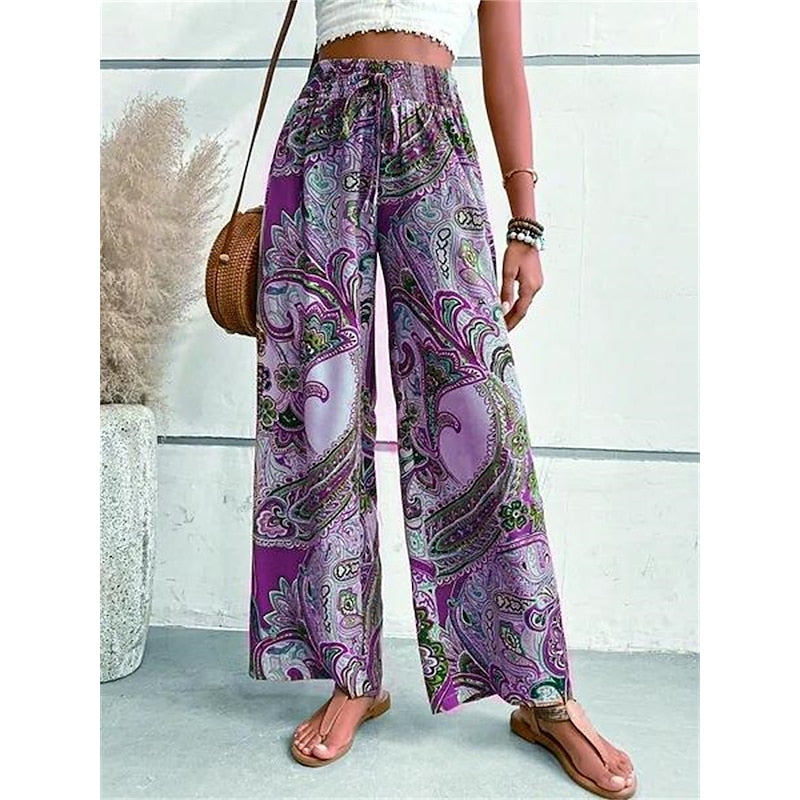 Dames wijde broek met vintage print voor een casual relaxed look - zachte bohemian stijl