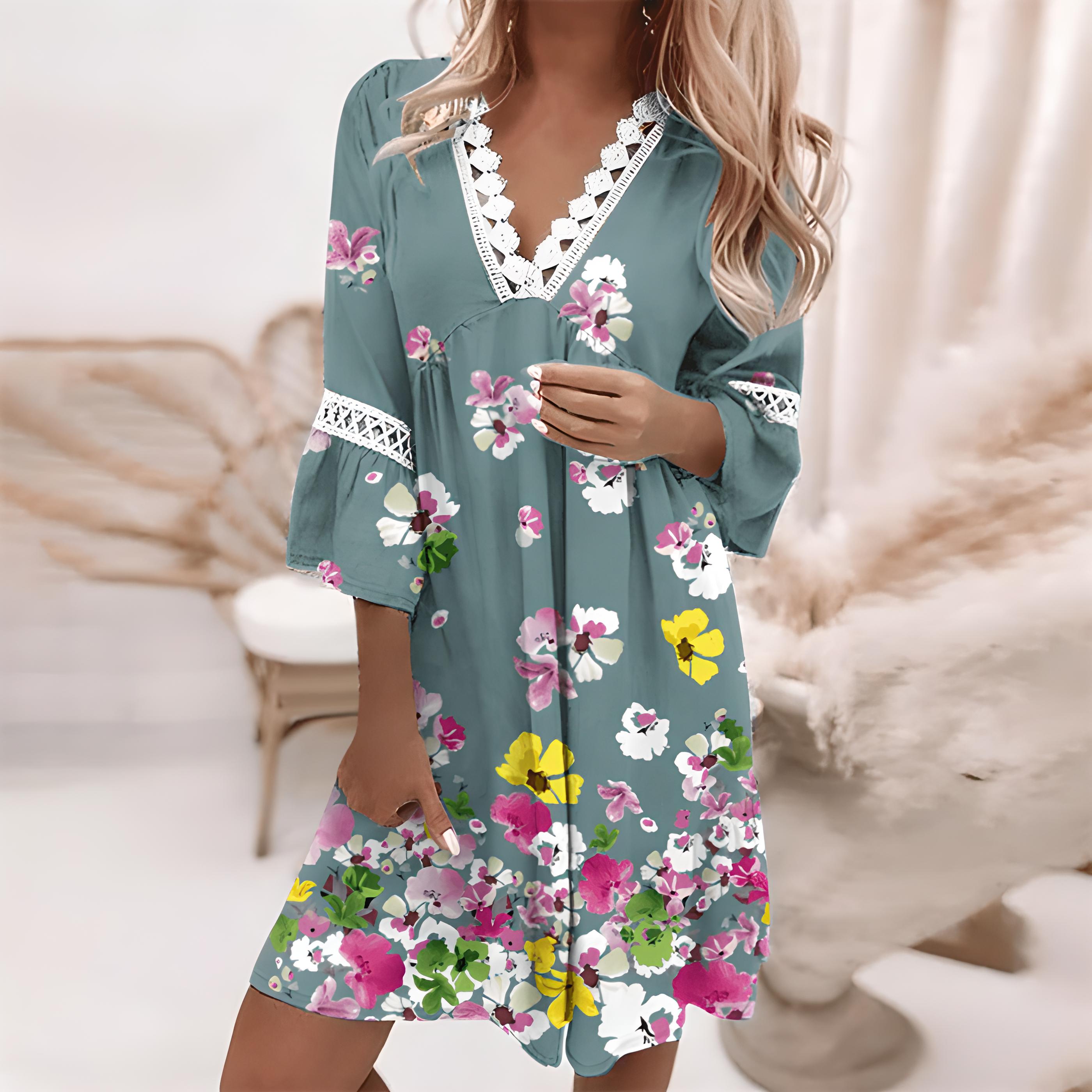 Dames casual bloemenprint jurk met v-hals - zachte stof, voor zomerse uitjes