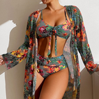 3-delige vrouwen bikini set met tropische print - hoge taille zwemkleding met sheer cover-up voor zonnige stranddagen
