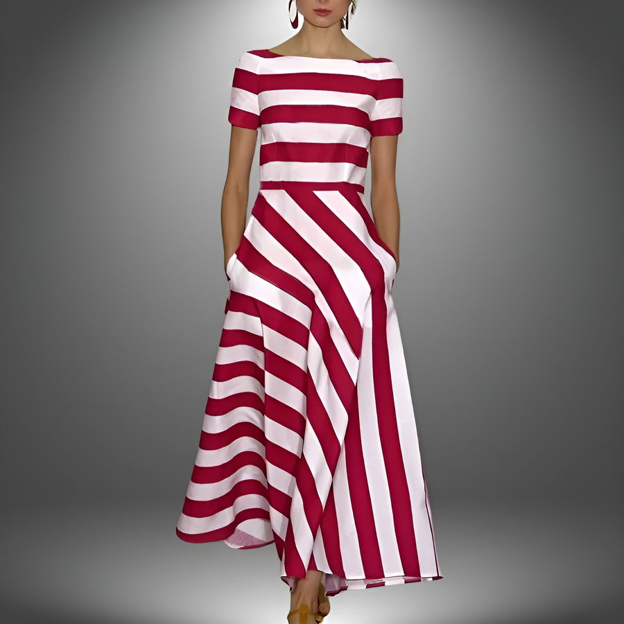 Dames gestreepte maxi jurk - elegante avondoutfit met flared ontwerp en handige zakken, zachte stof