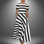 Dames gestreepte maxi jurk - elegante avondoutfit met flared ontwerp en handige zakken, zachte stof