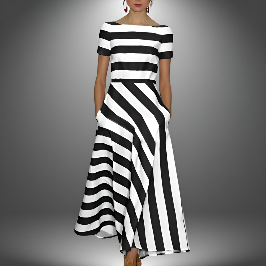 Dames gestreepte maxi jurk - elegante avondoutfit met flared ontwerp en handige zakken, zachte stof