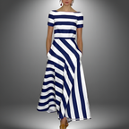 Dames gestreepte maxi jurk - elegante avondoutfit met flared ontwerp en handige zakken, zachte stof