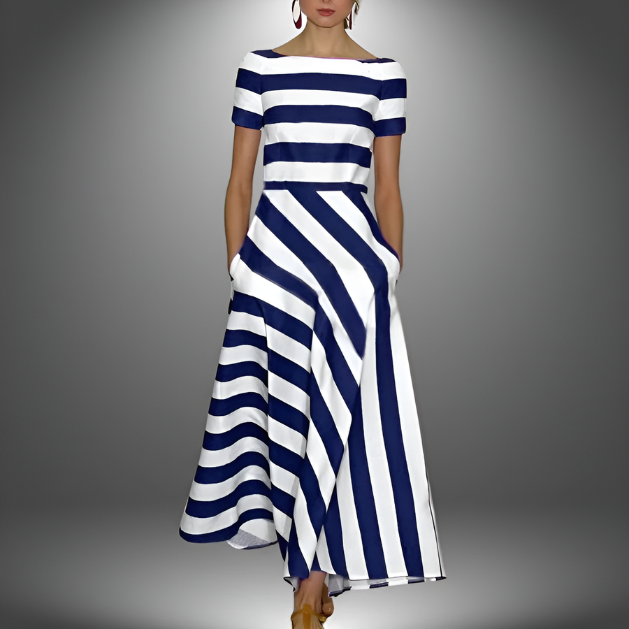 Dames gestreepte maxi jurk - elegante avondoutfit met flared ontwerp en handige zakken, zachte stof