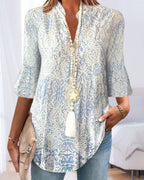 Dames boho blouse met bloemenprint in blauw - elegante top met 3/4 mouwen voor dagelijks gebruik