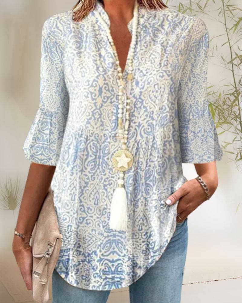 Dames boho blouse met bloemenprint in blauw - elegante top met 3/4 mouwen voor dagelijks gebruik