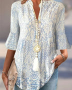 Dames boho blouse met bloemenprint in blauw - elegante top met 3/4 mouwen voor dagelijks gebruik